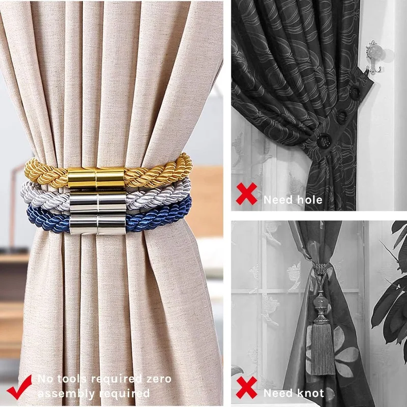 2pcs Magnetic Curtain Tiebacks Modern Simple Style Drape Tie Backs Decorative Weave Rope Curtain for Home & Office Window thumbnail 2