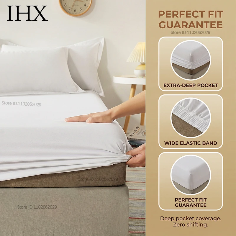 IHX Natural Silk Fitted Bed Sheet with Elastic Bands Mattress Cover Single Double King Queen Custom Size Bed Cover 140/200/220 thumbnail 5