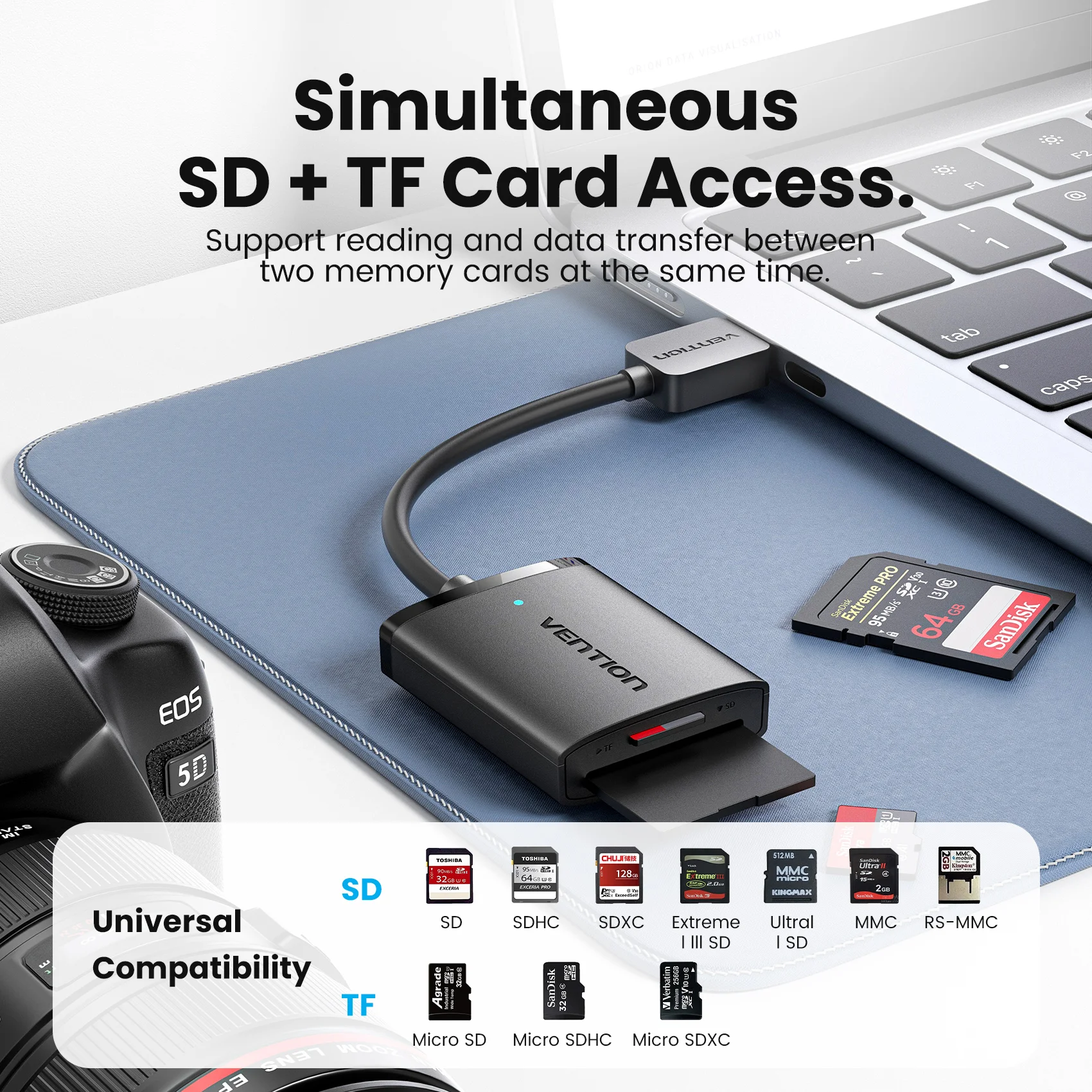 Vention USB 3.0 Card Reader OTG Type C to SD TF Memory Card Adapter 2TB Max for Laptop PC MacBook Phone USB 3.0 SD Card Reader thumbnail 4