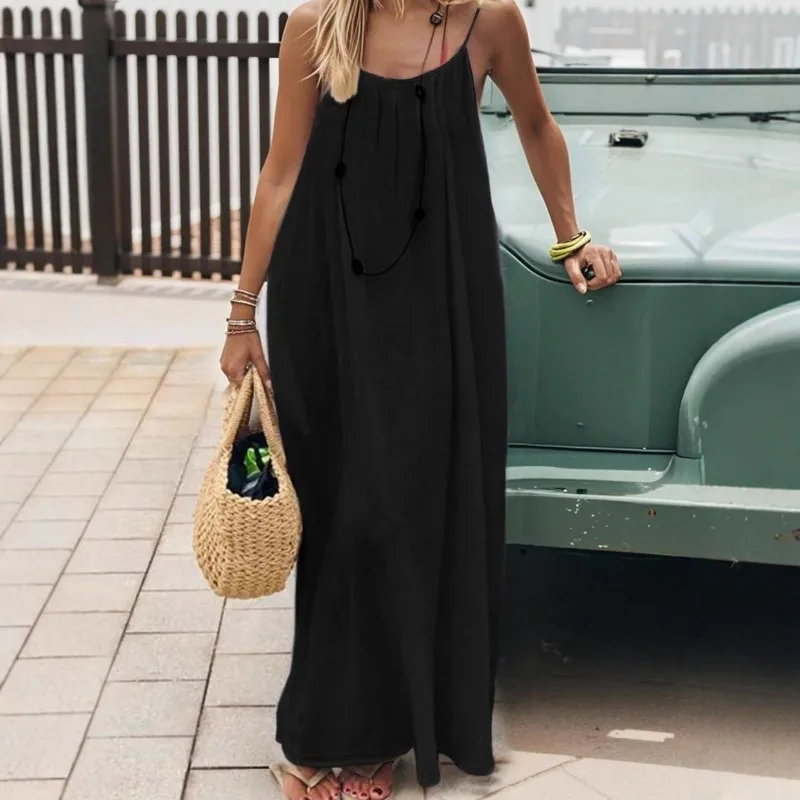 2026 Loose-Fit Spaghetti Strap Dress Women's Casual Homewear Summer Dress Solid-Color Vacation Cool Homewear thumbnail 3