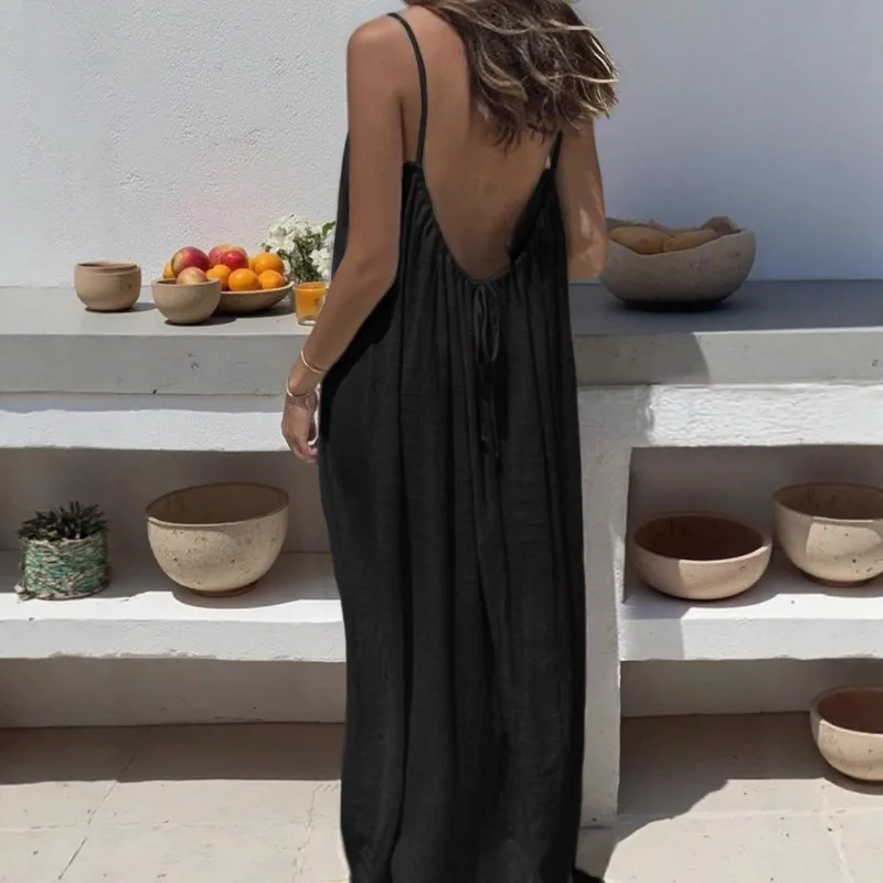 2026 Loose-Fit Spaghetti Strap Dress Women's Casual Homewear Summer Dress Solid-Color Vacation Cool Homewear thumbnail 4