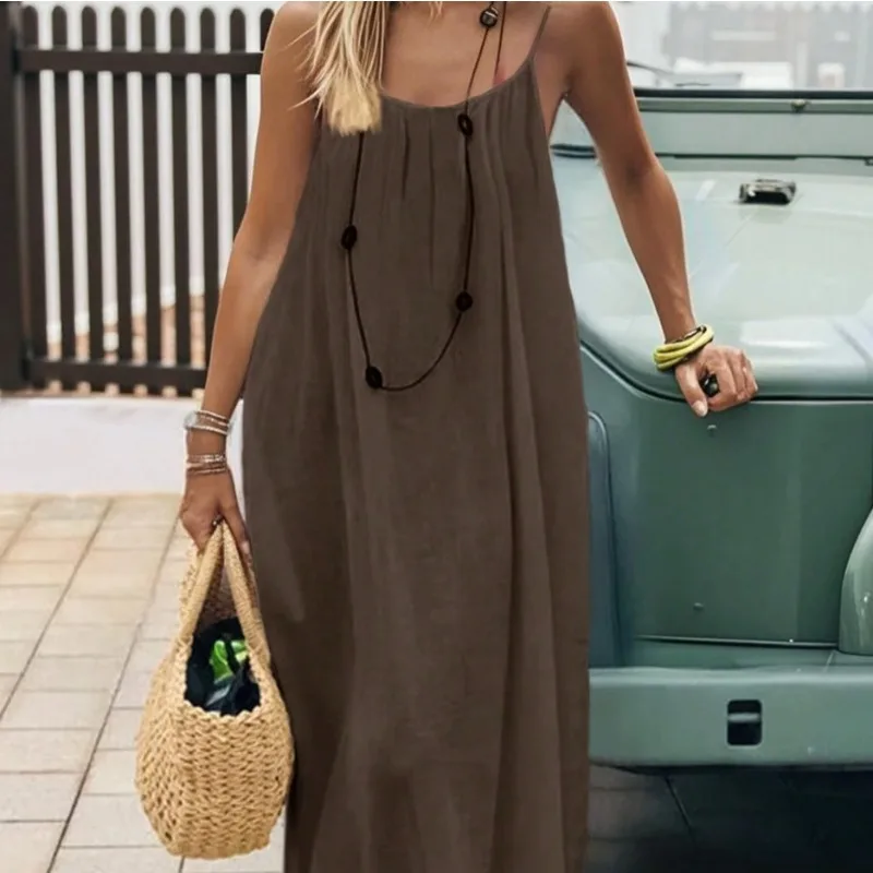 2026 Loose-Fit Spaghetti Strap Dress Women's Casual Homewear Summer Dress Solid-Color Vacation Cool Homewear thumbnail 2
