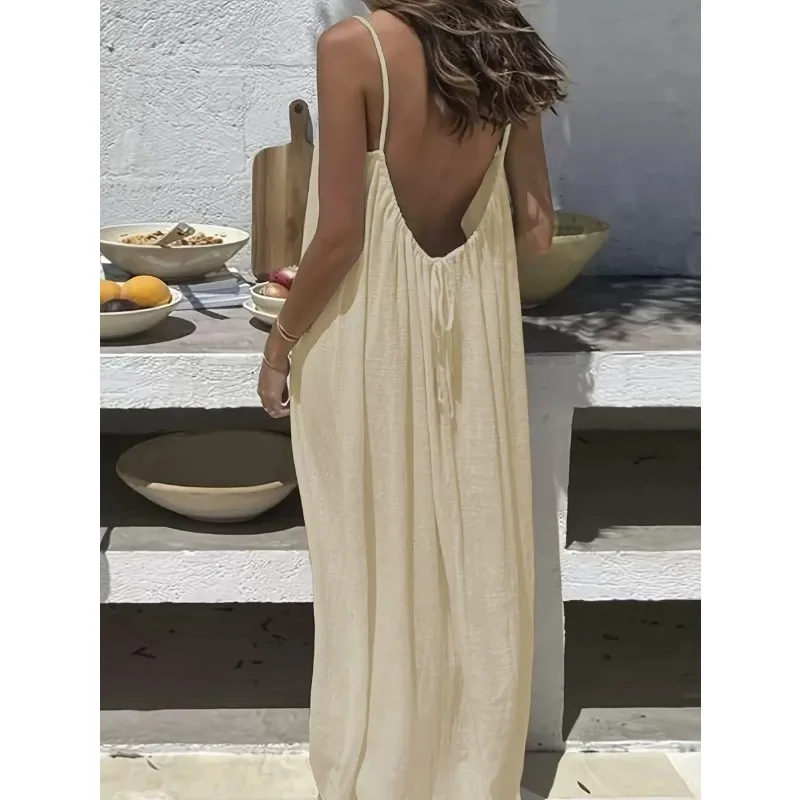 2026 Loose-Fit Spaghetti Strap Dress Women's Casual Homewear Summer Dress Solid-Color Vacation Cool Homewear thumbnail 6