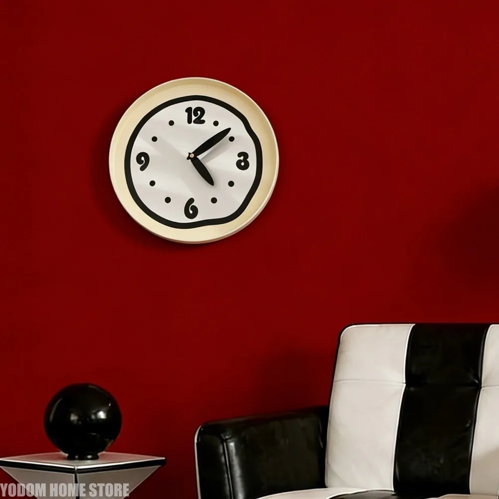 Modern Round Cream Wall Clock Minimalist Distorted Line Decoration For The Clock Household Wall-mounted Clock Home Decor thumbnail 4