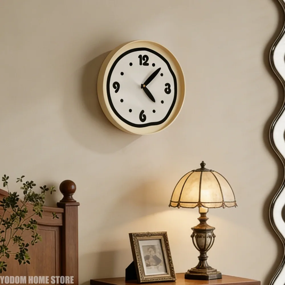 Modern Round Cream Wall Clock Minimalist Distorted Line Decoration For The Clock Household Wall-mounted Clock Home Decor thumbnail 3