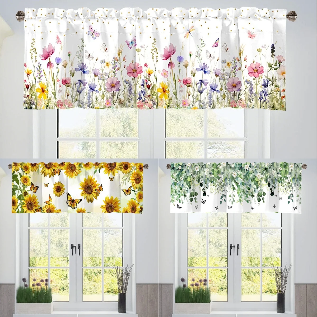 Spring Wildflower Curtain Valance Sunflower Floral Rod Pocket Window Treatment for Living Room Kitchen Bedroom Home Decorations