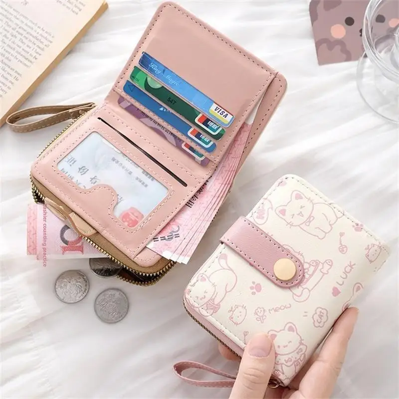 New Cat PU Leather Coin Purse Women Fashion Short Wallet Folding Zipper Wallet ID Card Holder Travel Lightweight Cash Coin Bags thumbnail 2