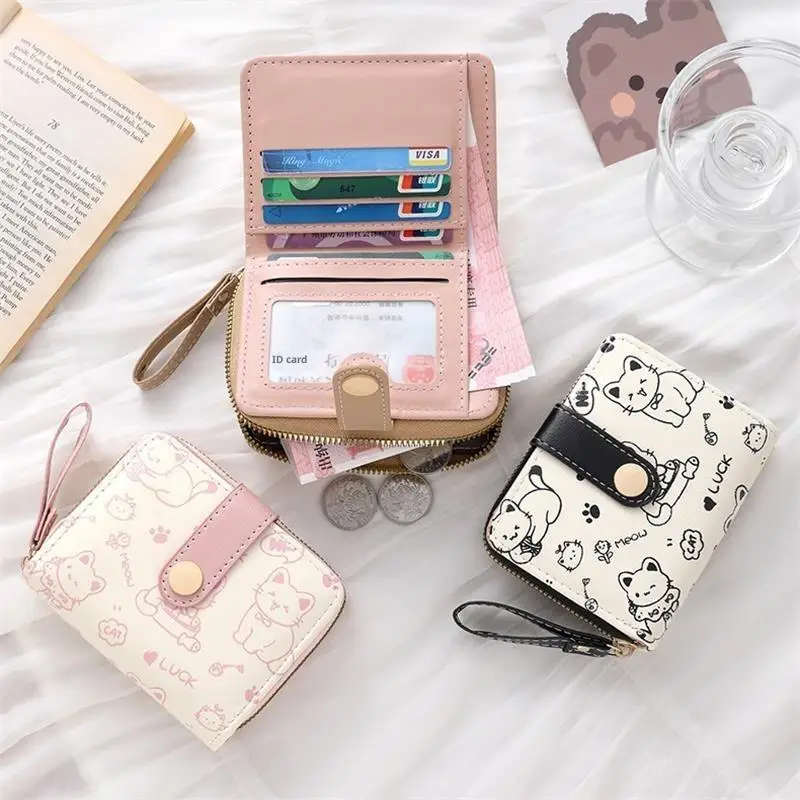 New Cat PU Leather Coin Purse Women Fashion Short Wallet Folding Zipper Wallet ID Card Holder Travel Lightweight Cash Coin Bags thumbnail 4
