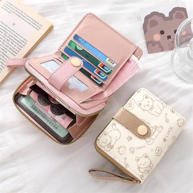New Cat PU Leather Coin Purse Women Fashion Short Wallet Folding Zipper Wallet ID Card Holder Travel Lightweight Cash Coin Bags thumbnail 3