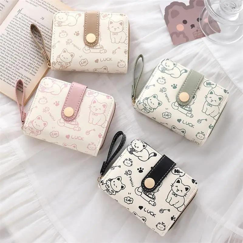 New Cat PU Leather Coin Purse Women Fashion Short Wallet Folding Zipper Wallet ID Card Holder Travel Lightweight Cash Coin Bags thumbnail 5