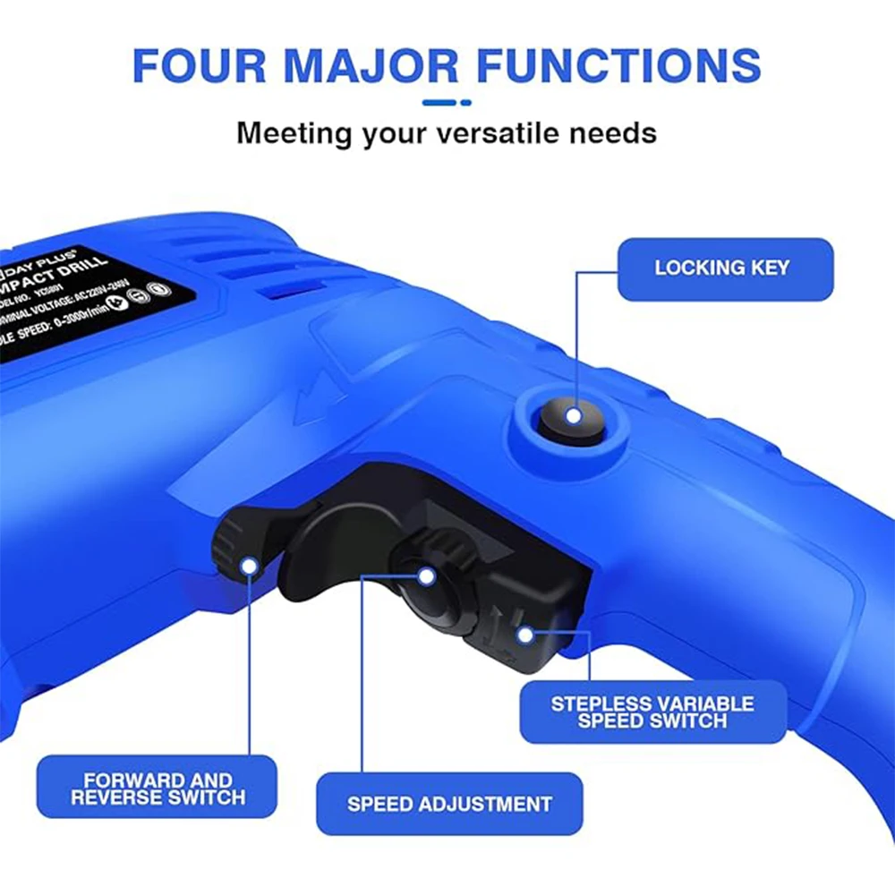 Hammer Drill 240V for Wood Metal Concrete, 850W Corded Electric Impact Drill 3000rpm Variable Speed, 2 in 1 with 360° Rotating thumbnail 3