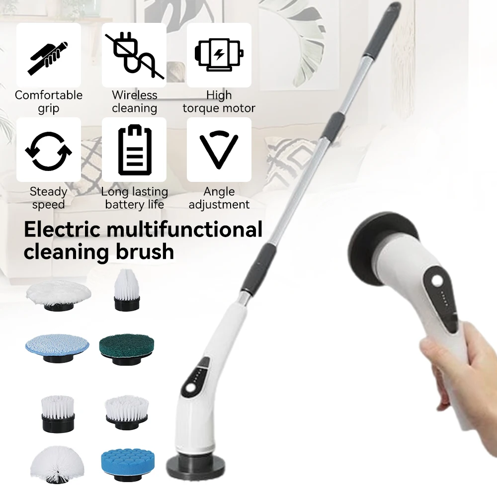 Electric Cleaning Brush Cordless Spin Scrubber Adjustable Extended Handle with 8 Replaceable Heads For Bathroom Kitchen Toilet