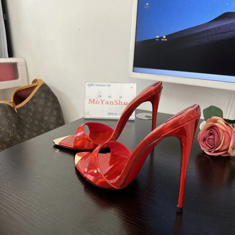 pointed Open Toe High Heel Shoes Woman Summer OutsideSlipper Party Stiletto Luxury Designer Patent Leather Women Sandals thumbnail 6
