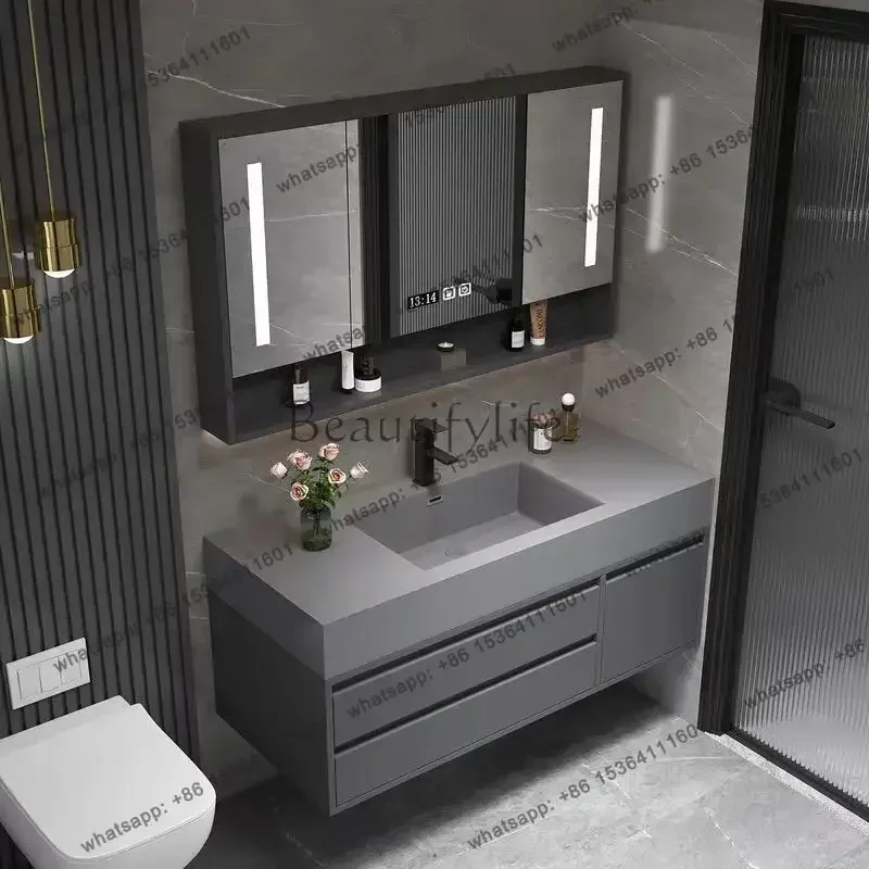 yj21 Furniture Modern New Cupboard Set 36 Inch Led Cabinet Storage Bathroom Sink Vanity With Mirror Wash Basin for Hotel Bathroo thumbnail 3