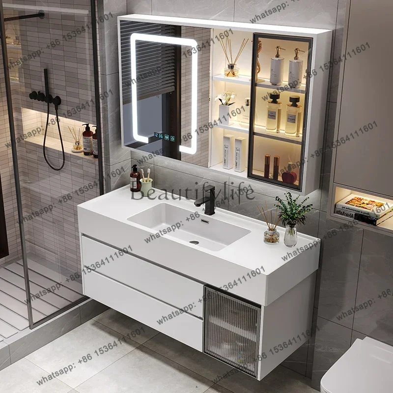 yj21 Furniture Modern New Cupboard Set 36 Inch Led Cabinet Storage Bathroom Sink Vanity With Mirror Wash Basin for Hotel Bathroo thumbnail 5