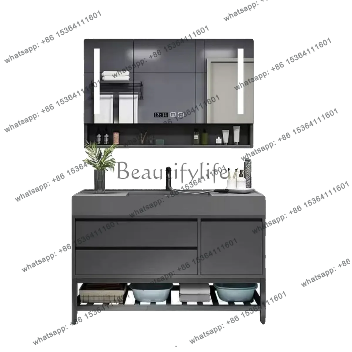 yj21 Furniture Modern New Cupboard Set 36 Inch Led Cabinet Storage Bathroom Sink Vanity With Mirror Wash Basin for Hotel Bathroo thumbnail 2