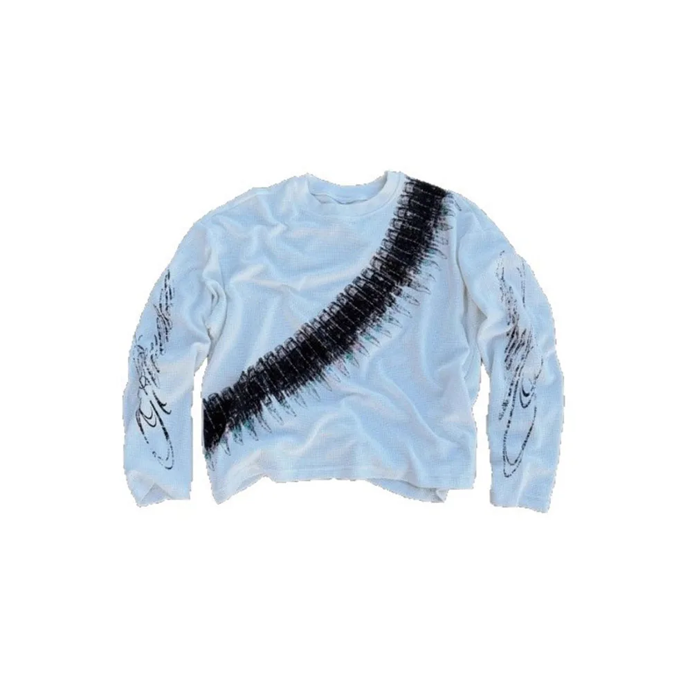 Street loose print pullover waffle long sleeved T-shirt men's American casual round neck top thumbnail 6