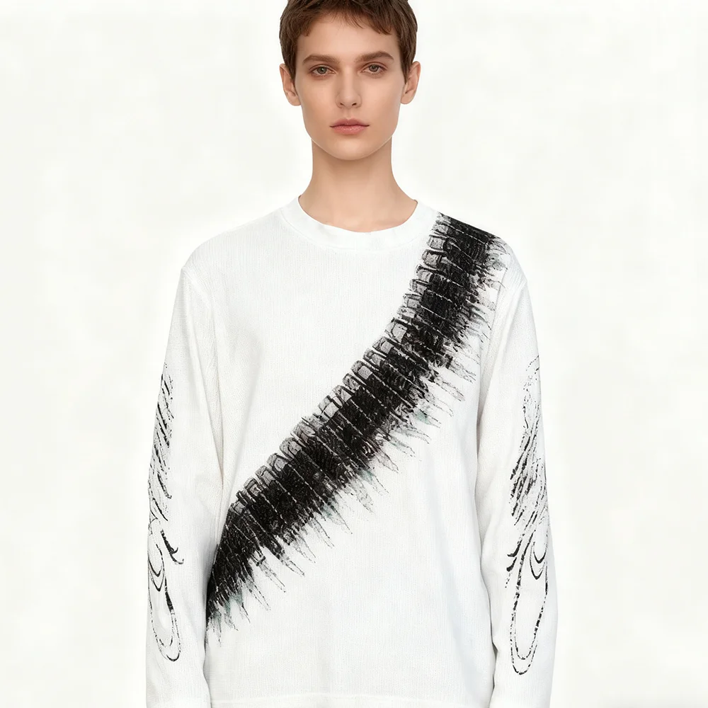 Street loose print pullover waffle long sleeved T-shirt men's American casual round neck top thumbnail 5