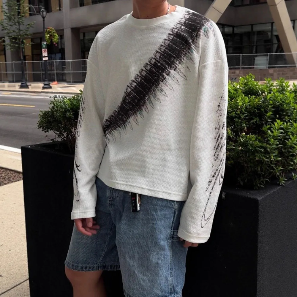 Street loose print pullover waffle long sleeved T-shirt men's American casual round neck top thumbnail 3