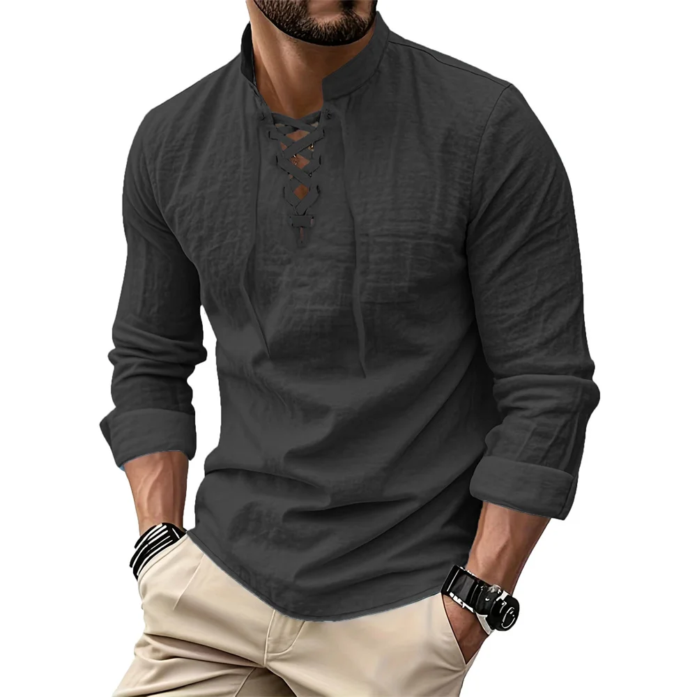 Men's Vintage V-neck T-shirt Cotton Linen Pirate Medieval Viking Gothic Tops Shirts Long Sleeved Cospaly Halloween Party Top thumbnail 3