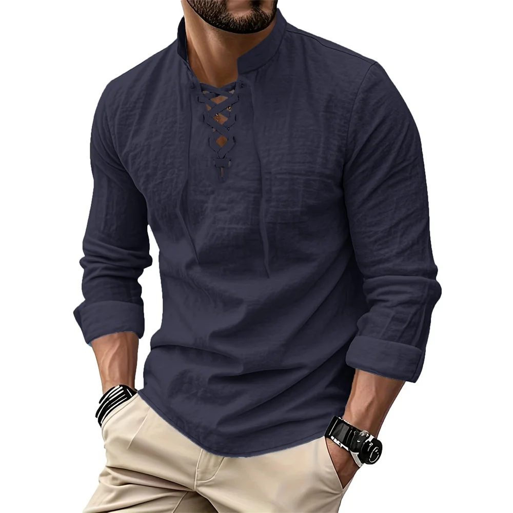 Men's Vintage V-neck T-shirt Cotton Linen Pirate Medieval Viking Gothic Tops Shirts Long Sleeved Cospaly Halloween Party Top thumbnail 2