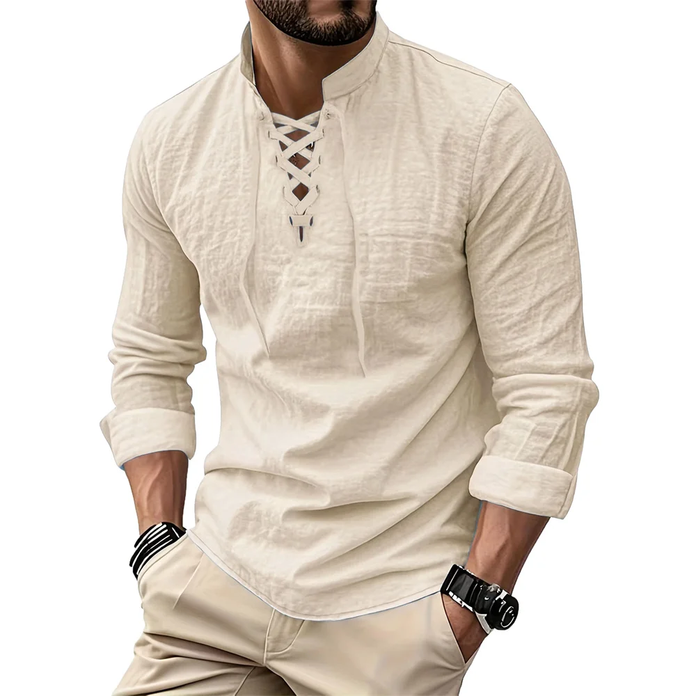 Men's Vintage V-neck T-shirt Cotton Linen Pirate Medieval Viking Gothic Tops Shirts Long Sleeved Cospaly Halloween Party Top thumbnail 4