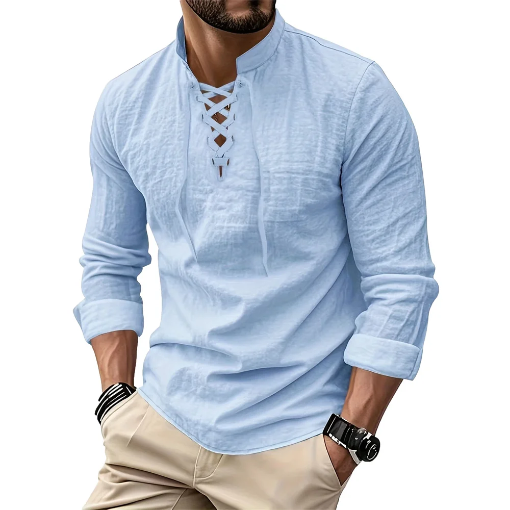 Men's Vintage V-neck T-shirt Cotton Linen Pirate Medieval Viking Gothic Tops Shirts Long Sleeved Cospaly Halloween Party Top thumbnail 5