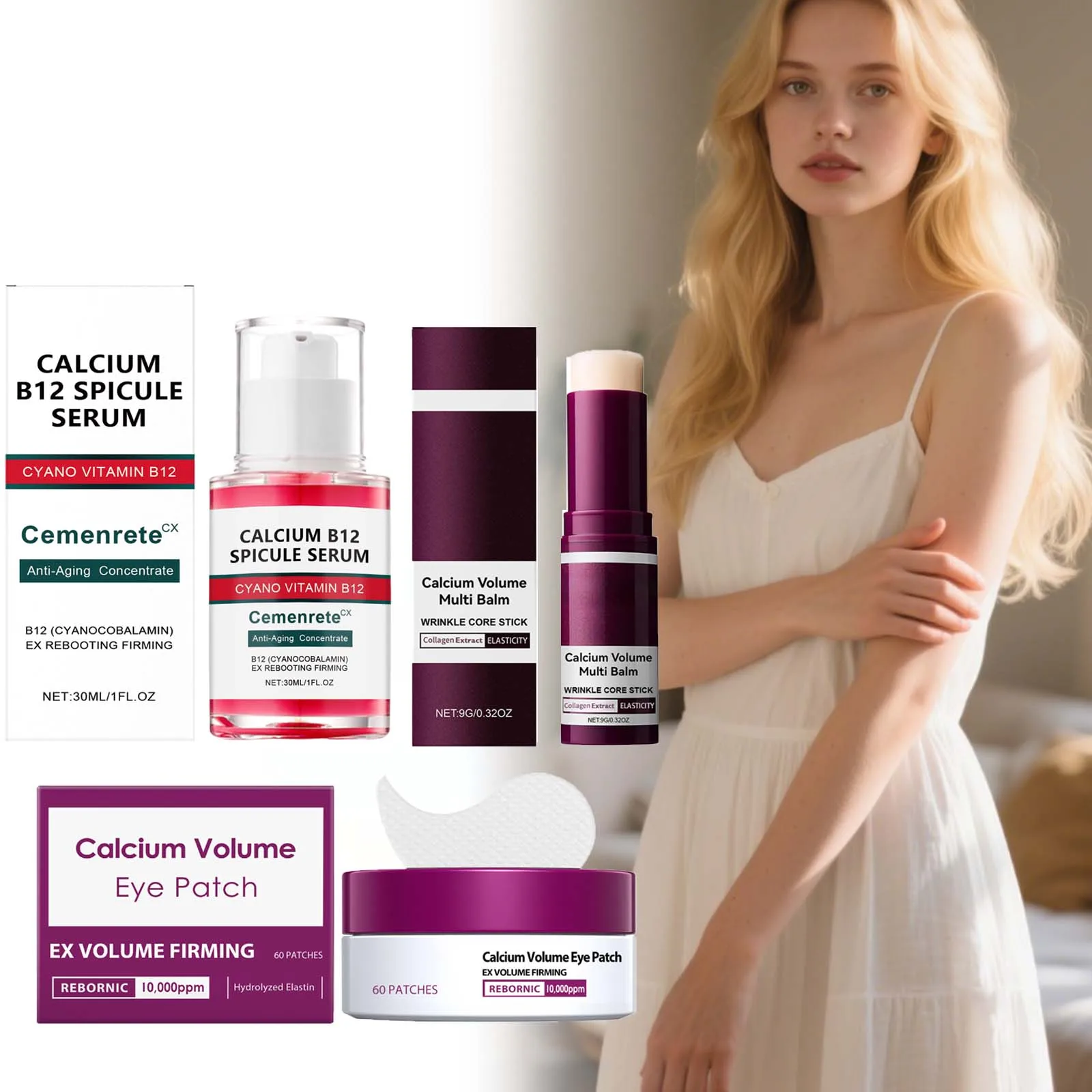 Calcium Skincare Set Anti-Aging Calcium Volume Facial Serum Eye Patches Multi Balm Fade Fine Lines Reduce Dark Circles Nourishes