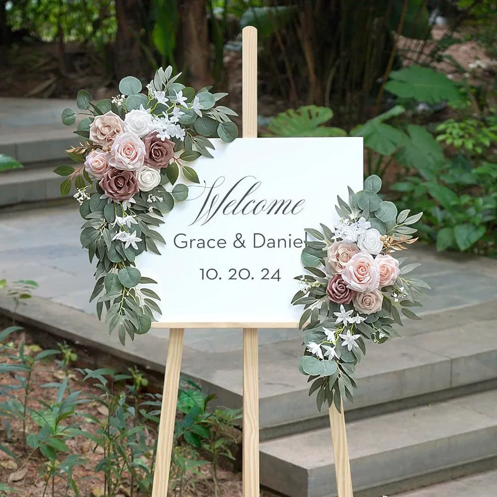 Artificial Wedding Arch Flowers Kit Boho Dusty Rose Blue Eucalyptus Garland Drapes for Wedding Decorations Welcome Sign thumbnail 2