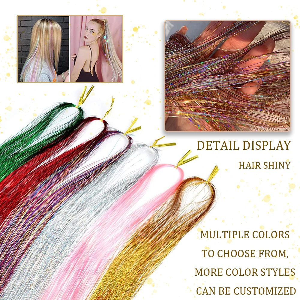 48inch Shiny Sparkle Hair Tinsel Kit Rainbow Women Colorful Glitter Bling Hair Extension Twinkle Hair Dazzles Accessories for thumbnail 2