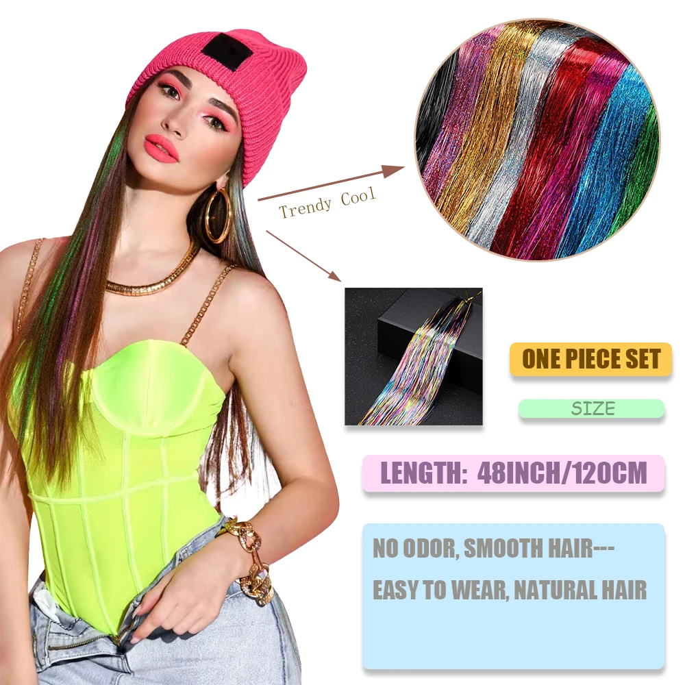 48inch Shiny Sparkle Hair Tinsel Kit Rainbow Women Colorful Glitter Bling Hair Extension Twinkle Hair Dazzles Accessories for thumbnail 4