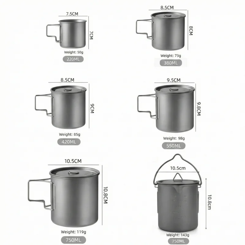 Titanium Camping Mug with Folding Handle Lightweight Portable Outdoor Cup Cooking set Cookware for Hiking Travel thumbnail 2