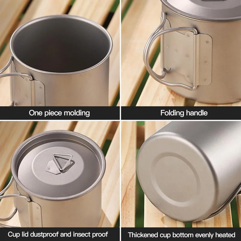 Titanium Camping Mug with Folding Handle Lightweight Portable Outdoor Cup Cooking set Cookware for Hiking Travel thumbnail 3