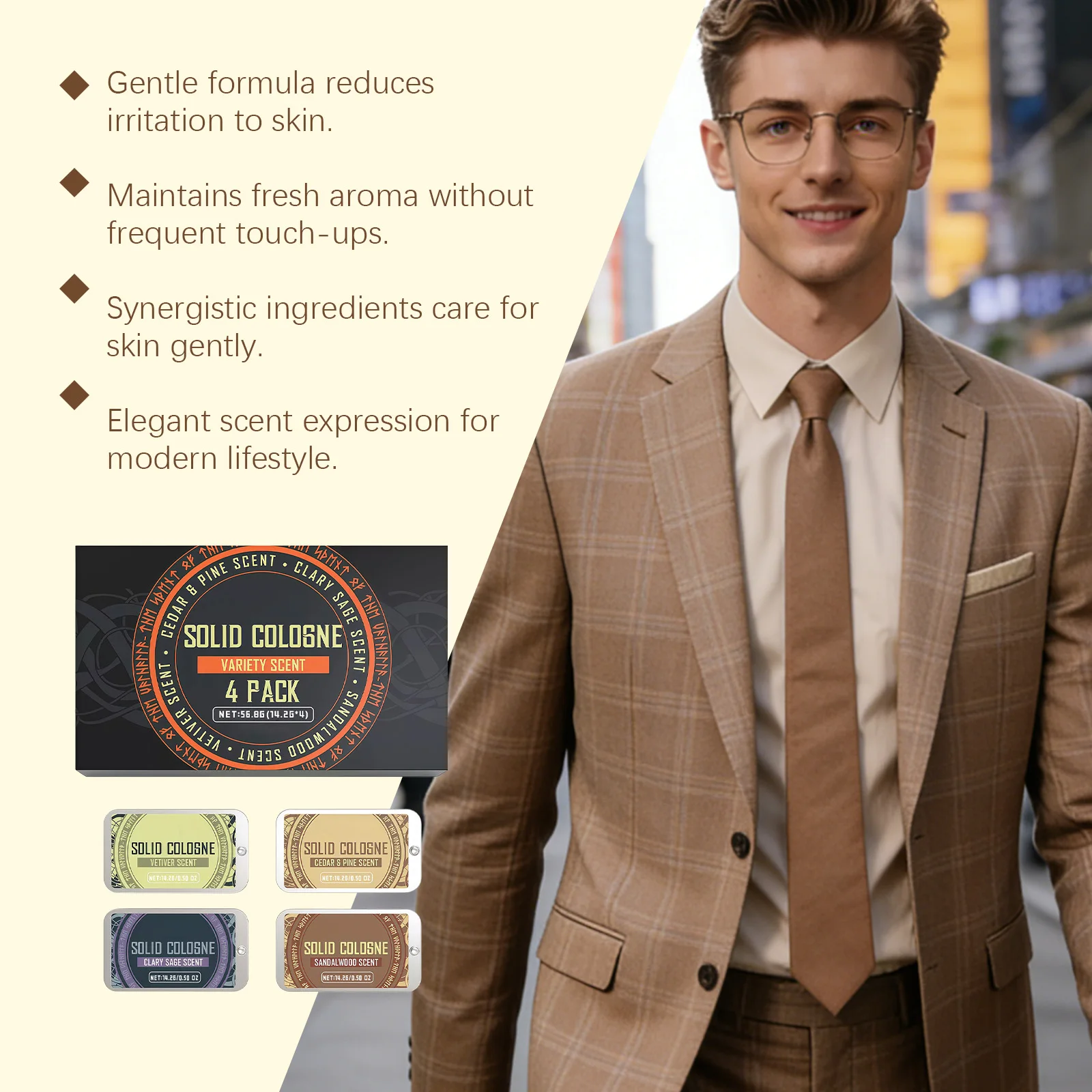 4In1 Pheromone Solid Cologne Woody Scent Set Lasting Natural Fragrance Release Charming Confidence Pocket Deodorant Solid Balm thumbnail 2