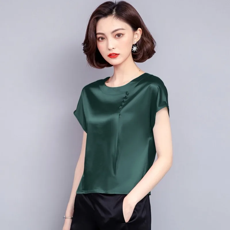Women Chiffon Blousesheavy solid color Copy silk shirt Shirt Short Sleeve Summer thumbnail 5