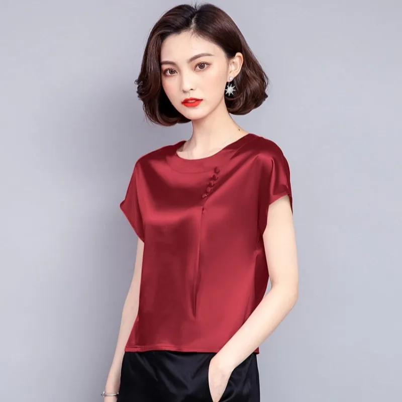 Women Chiffon Blousesheavy solid color Copy silk shirt Shirt Short Sleeve Summer thumbnail 3