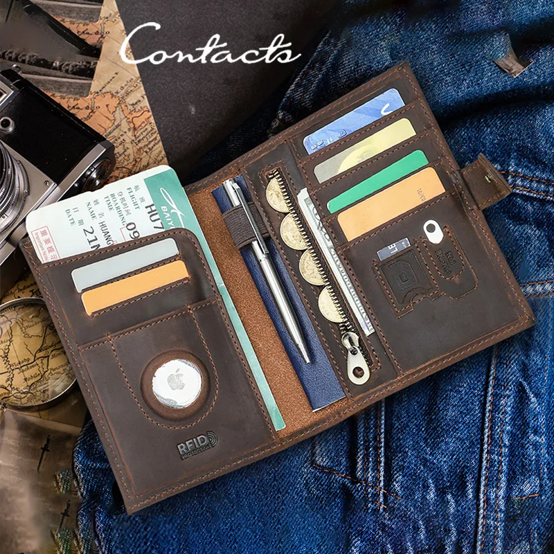 CONTACT'S Retro Genuine Leather Passport Wallet Men RFID AirTag Slot Pen Card Holder Wallet Women Travel Gift Coin Purs