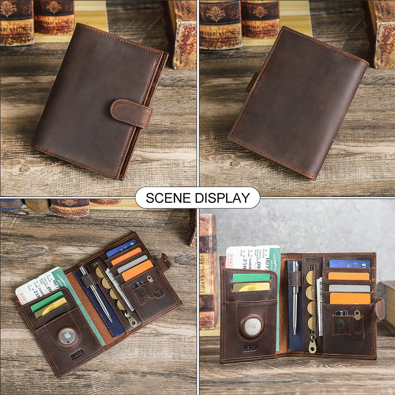 CONTACT'S Retro Genuine Leather Passport Wallet Men RFID AirTag Slot Pen Card Holder Wallet Women Travel Gift Coin Purs thumbnail 2