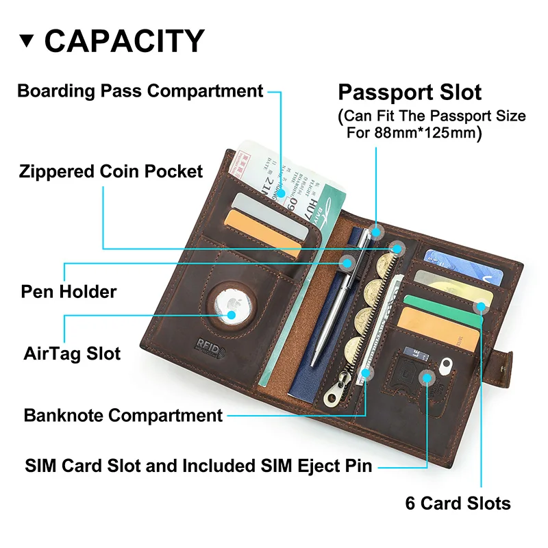 CONTACT'S Retro Genuine Leather Passport Wallet Men RFID AirTag Slot Pen Card Holder Wallet Women Travel Gift Coin Purs thumbnail 6