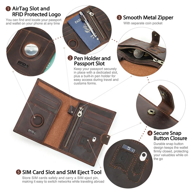 CONTACT'S Retro Genuine Leather Passport Wallet Men RFID AirTag Slot Pen Card Holder Wallet Women Travel Gift Coin Purs thumbnail 3