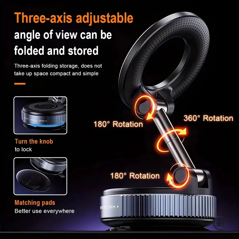 Strong Magnetic Car Phone Holder Foldable Magsafe Design 360° Adjustable Vacuum Mount for Car/Desk/Bathroom/Universal Use Metal thumbnail 4