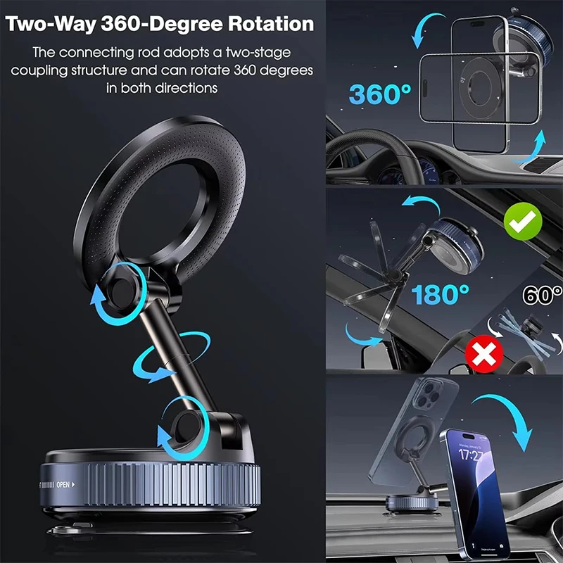 Strong Magnetic Car Phone Holder Foldable Magsafe Design 360° Adjustable Vacuum Mount for Car/Desk/Bathroom/Universal Use Metal thumbnail 2