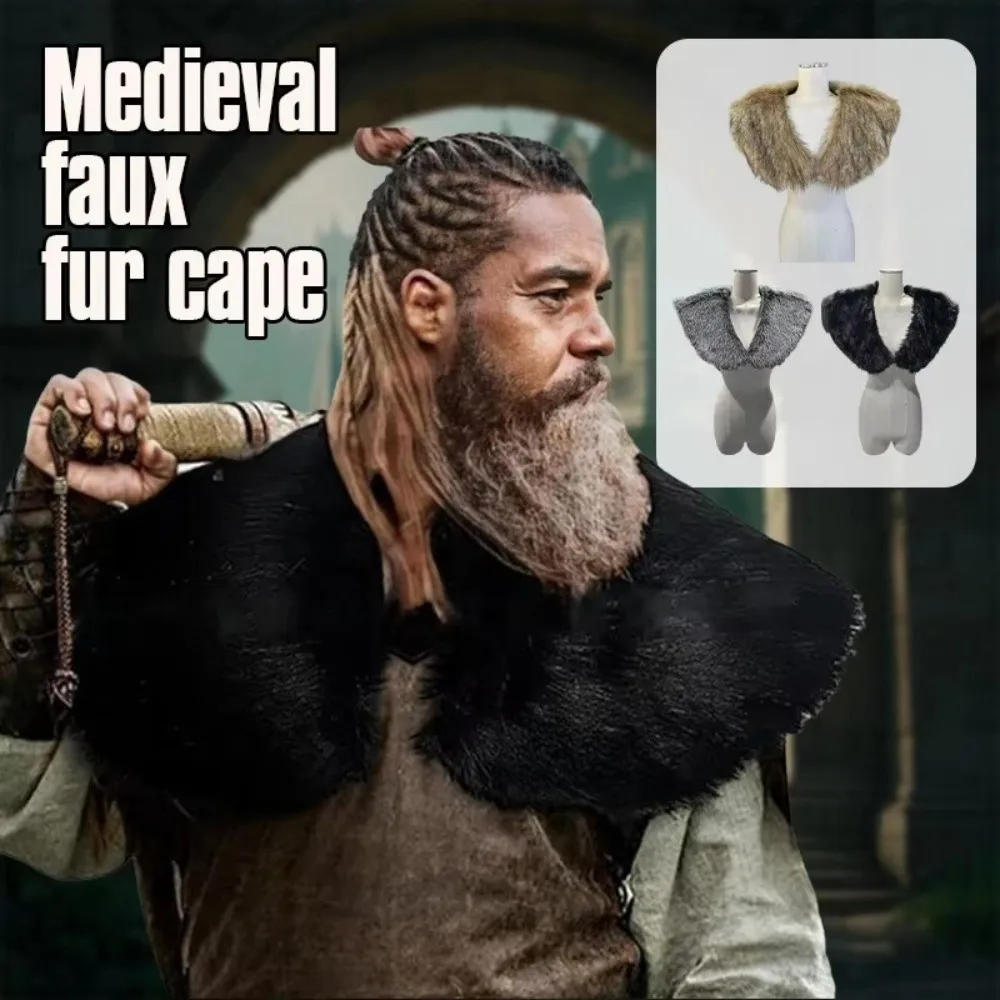Unisex Shoulder Cloak Medieval Viking Cape Pirate Design Cosplay Costume Faux Fur Cloak Hunter Style Fur Shawl thumbnail 4