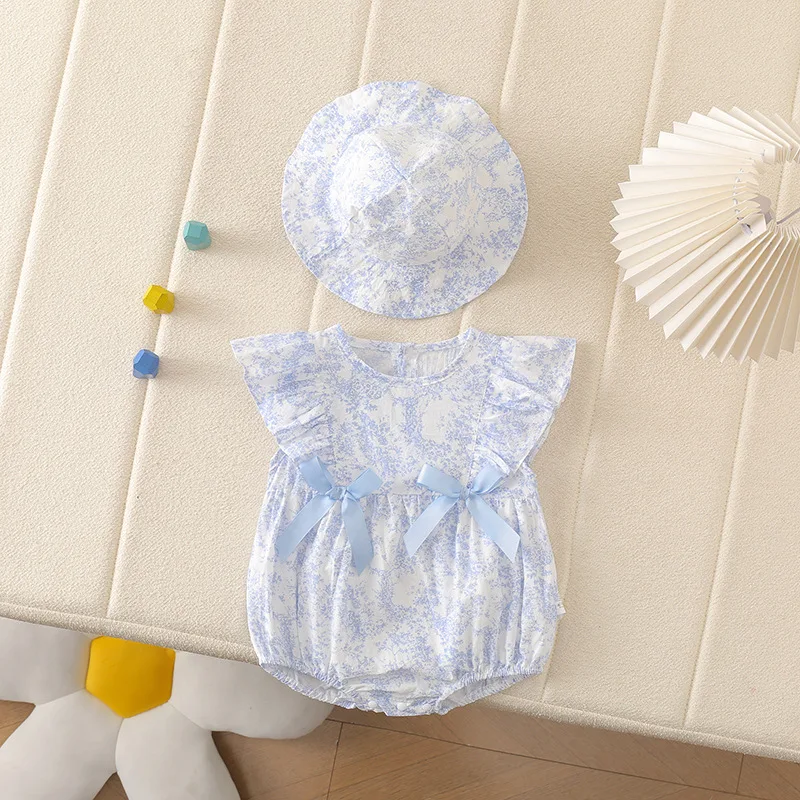 0-24M Newborn Sets Romper+ Matching Hat Summer Baby Girls 100% Cotton Floral Princess Bodysuit Double Bows Infant Clothes