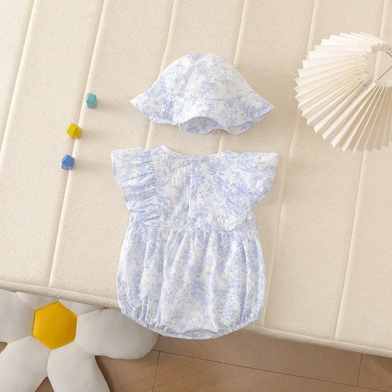 0-24M Newborn Sets Romper+ Matching Hat Summer Baby Girls 100% Cotton Floral Princess Bodysuit Double Bows Infant Clothes thumbnail 2