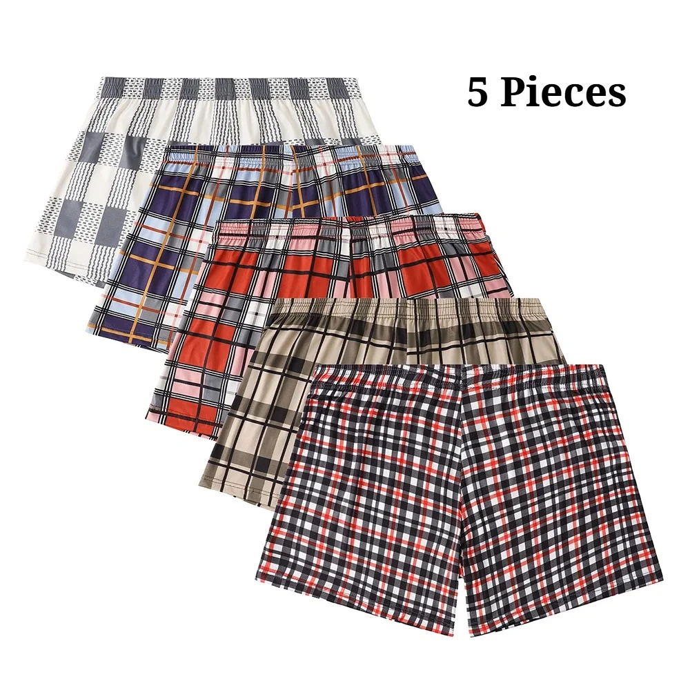5pcs Checkered Printed Aro Pants Loose and Breathable Flat Corner Pants for Casual and Comfortable Elderly Wear Men Boxer Briefs
