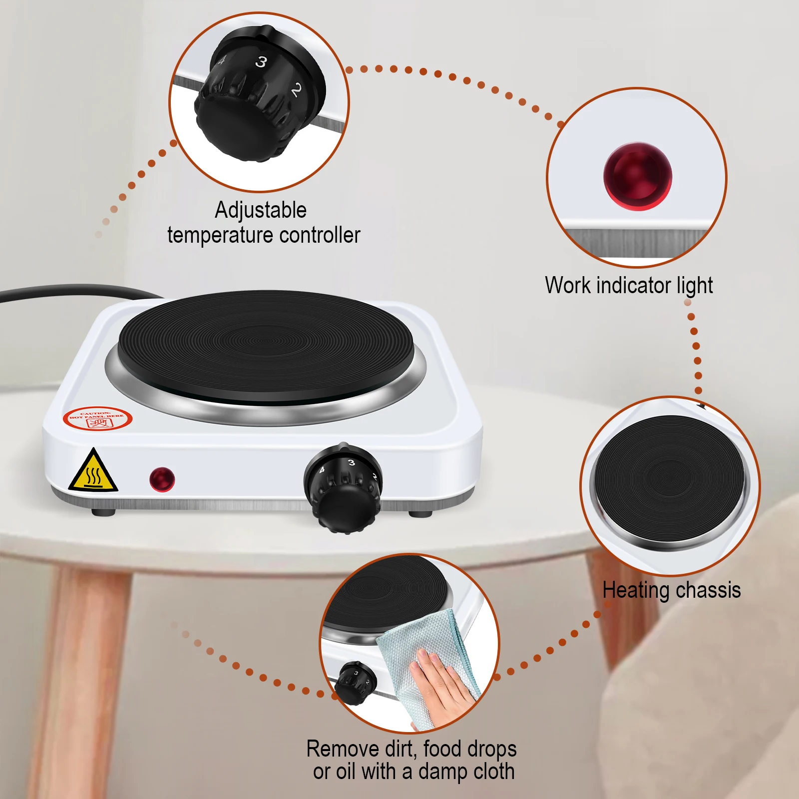 1000W Single Hot Plate for Table Top Cooking Cast Iron Heating Plate Portable Electric Hob with 5 Levels Overheating Protection thumbnail 2