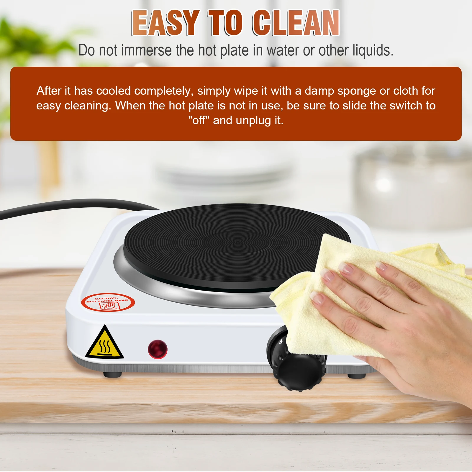 1000W Single Hot Plate for Table Top Cooking Cast Iron Heating Plate Portable Electric Hob with 5 Levels Overheating Protection thumbnail 6