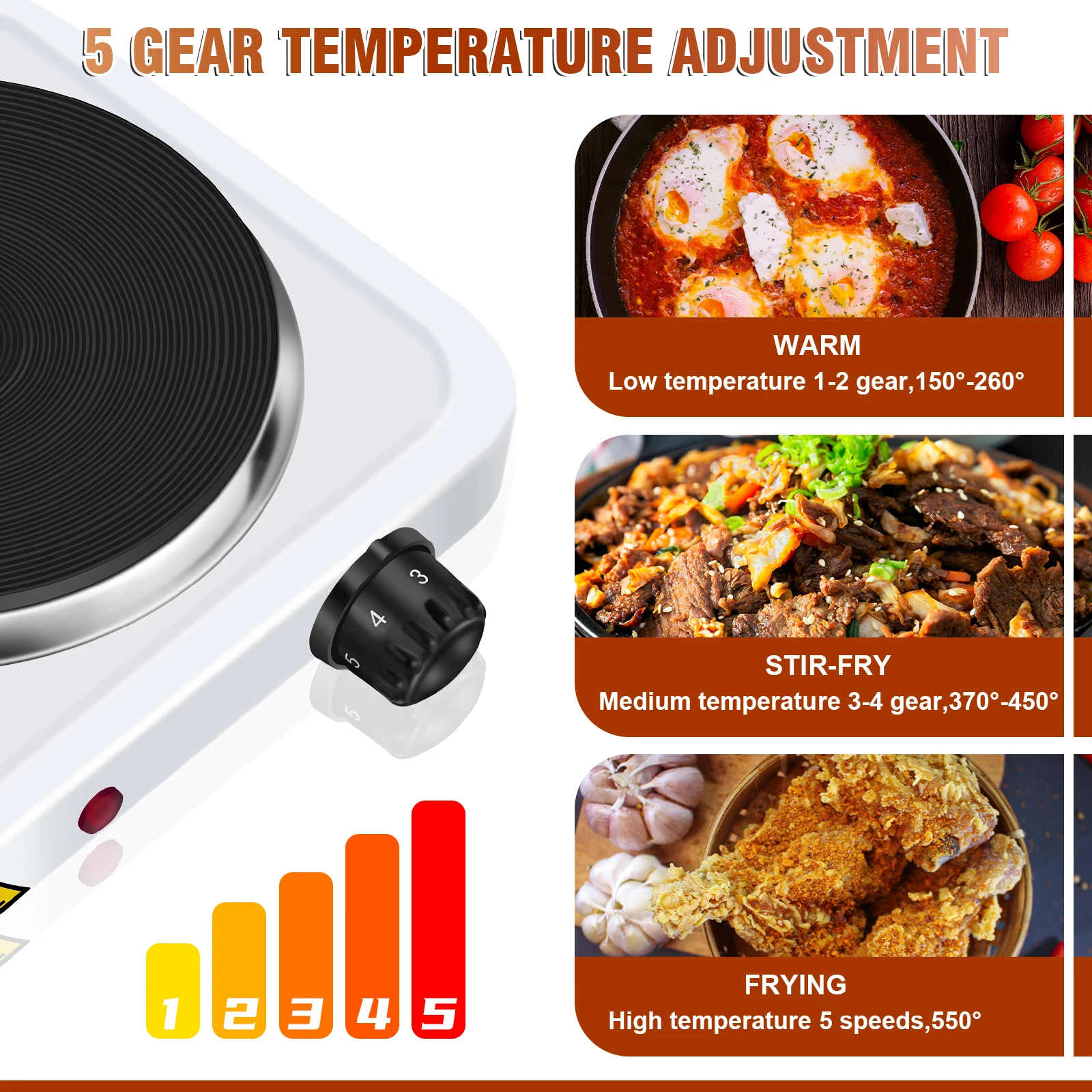 1000W Single Hot Plate for Table Top Cooking Cast Iron Heating Plate Portable Electric Hob with 5 Levels Overheating Protection thumbnail 3