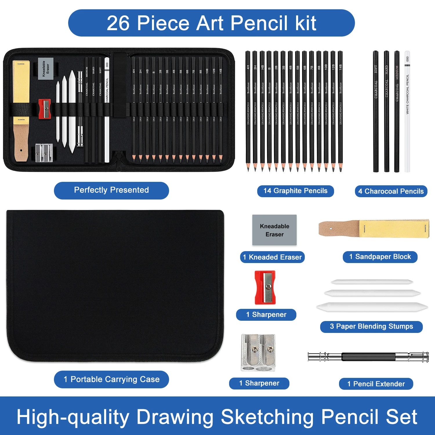 14/26/64/126 PCS Drawing Kit Sketching Pencil Set,Art Supplies with 3-Color Sketchbook,Graphite,Charcoal,Blending Tools thumbnail 3